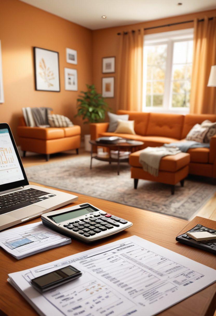 A modern home fully equipped with financial tools like a calculator, budget sheets, and a laptop displaying a home buying website. Include a couple analyzing data in a cozy living room setting, surrounded by home decor elements. The ambiance should evoke a sense of optimism and opportunity for new homeowners. warm colors. super-realistic.