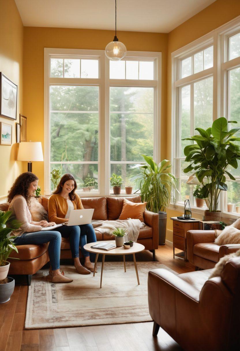 A cozy living room with a happy family gathered around a coffee table, analyzing financial documents and using a laptop with a mortgage calculator on the screen. Light streaming through a window, houseplants in the corner, and smiling faces creating a warm and inviting atmosphere. Elements of money, keys, and houses subtly incorporated into the decor. super-realistic. vibrant colors. warm lighting.